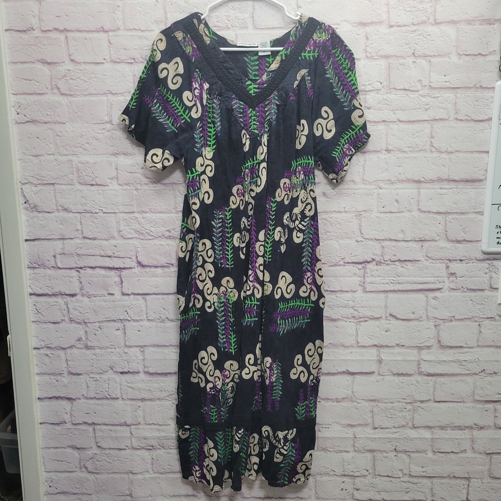 Loungees Muumuu Midi Dress XL 100% Cotton Floral Black Boho Cottagecore Retro